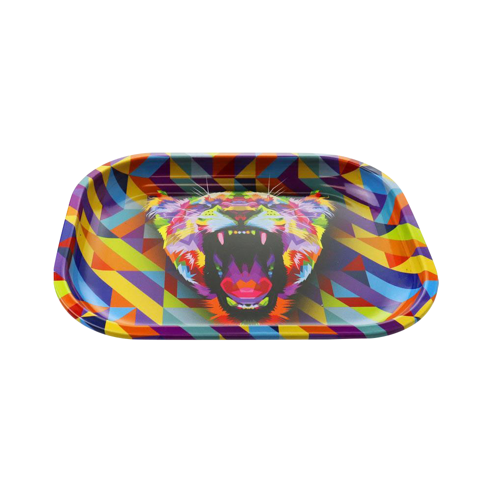 A top-down view of the “Puff Puff Pass” “Lioness” Rolling Tray, displaying a vibrant lioness graphic against a black background.