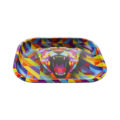 A top-down view of the “Puff Puff Pass” “Lioness” Rolling Tray, displaying a vibrant lioness graphic against a black background.