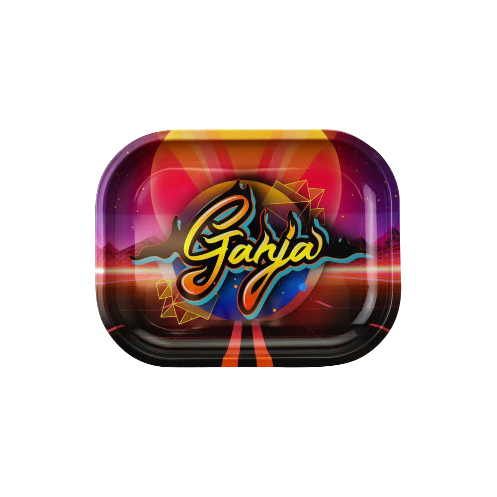 A top-down view of the “Puff Puff Pass Ganja” rolling tray with a colorful, swirling design and a glossy finish.