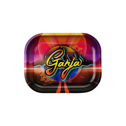 A top-down view of the “Puff Puff Pass Ganja” rolling tray with a colorful, swirling design and a glossy finish.