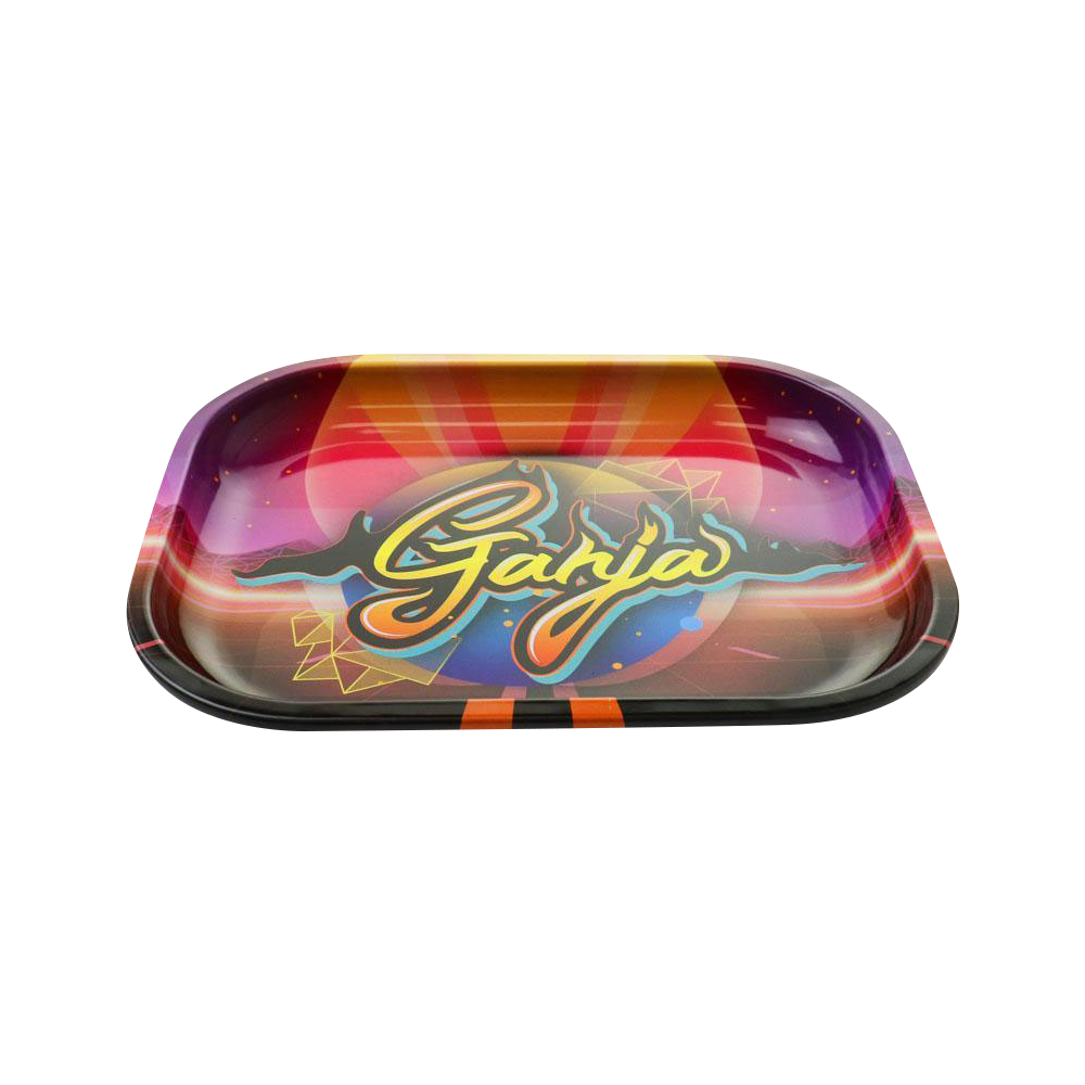 A top-down view of the "Puff Puff Pass Ganja" rolling tray featuring colorful geometric designs on a dark background.