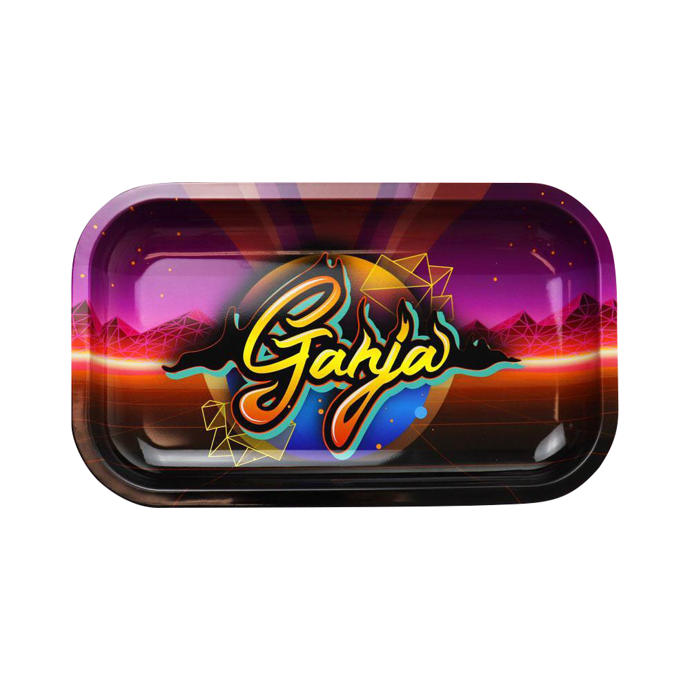 A top-down view of the “Puff Puff Pass Ganja” rolling tray featuring a colorful geometric design on a dark surface.