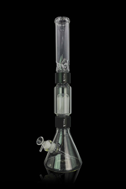 Clear glass bong with ice catcher and diffused downstem, isolated on black.