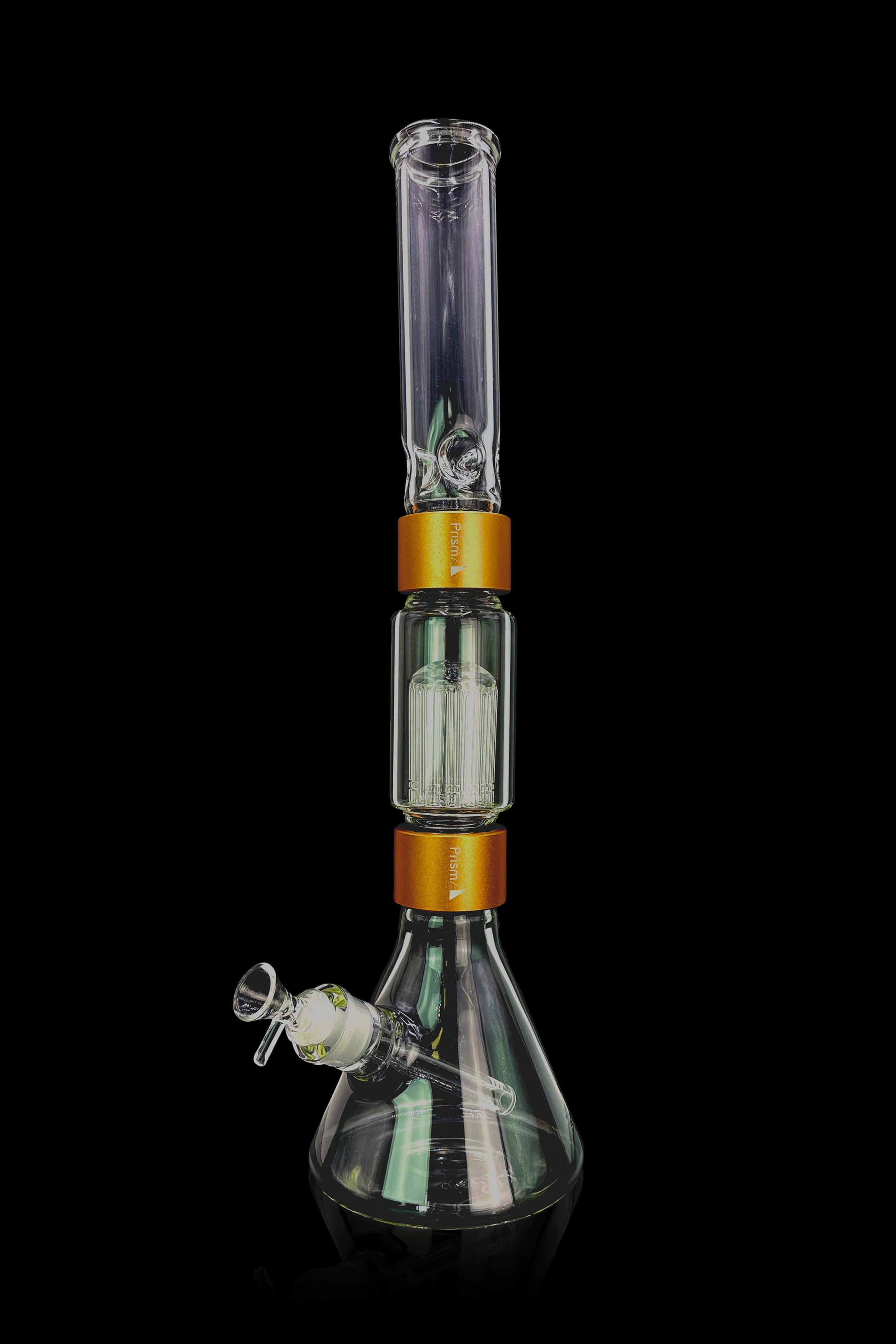 A glass bong with multiple percolation chambers and a removable glass bowl.