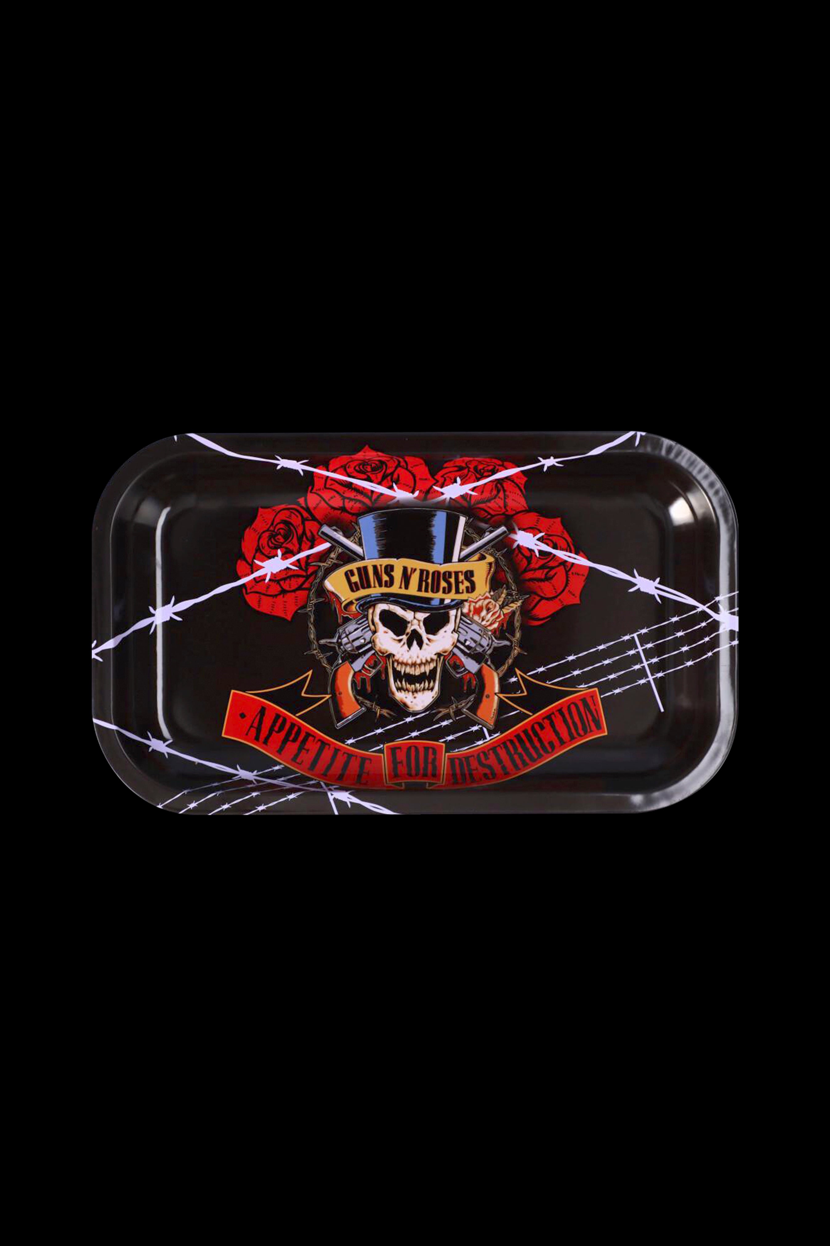 A metal rolling tray featuring the iconic "Appetite for Destruction" skull and roses logo of Guns N' Roses, surrounded by barbed wire and red banners.