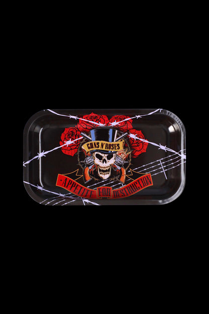 A metal rolling tray featuring the iconic "Appetite for Destruction" skull and roses logo of Guns N' Roses, surrounded by barbed wire and red banners.