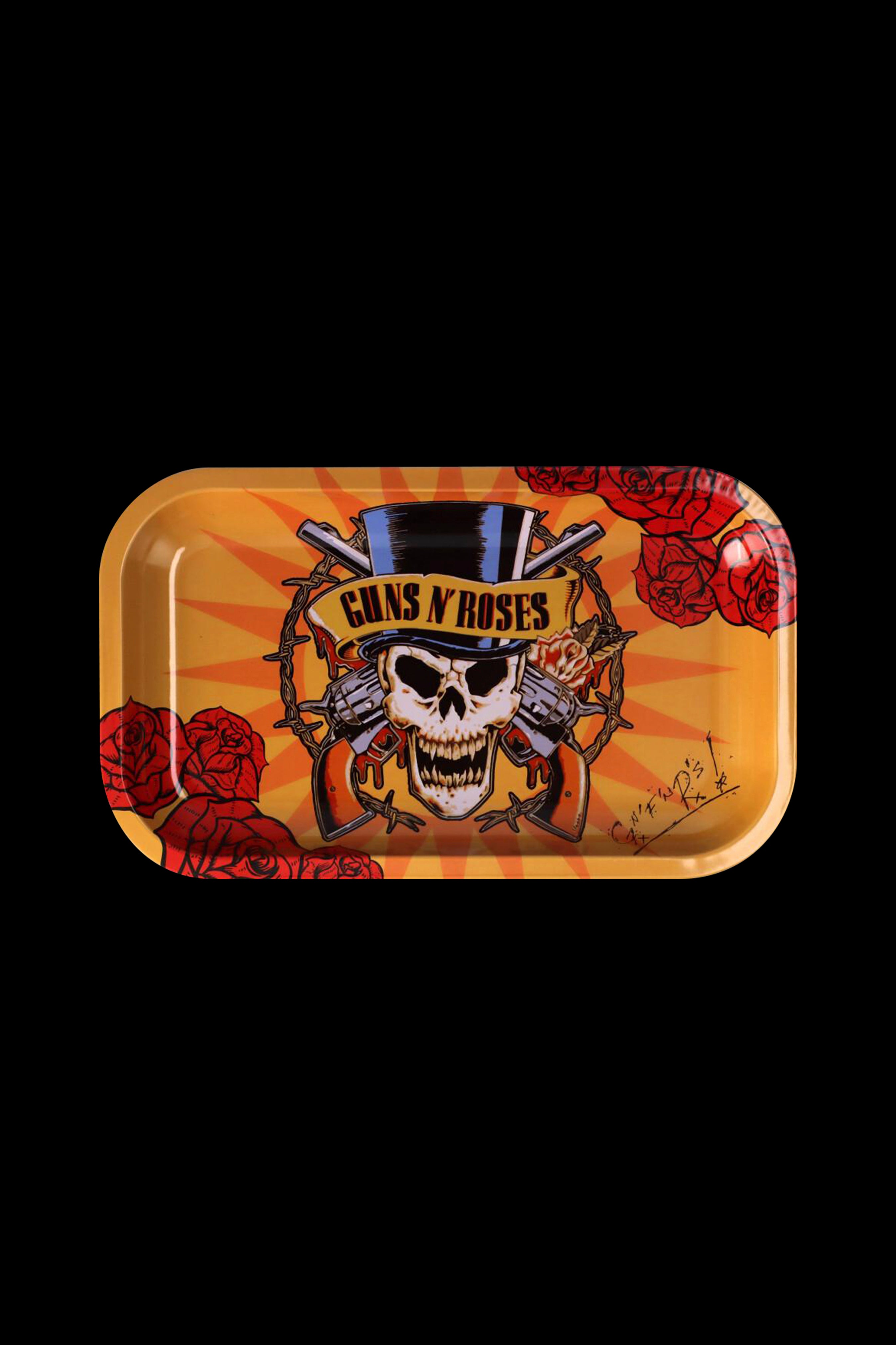 Metal rolling tray featuring the iconic Guns N' Roses skull and roses logo, designed for cannabis use.