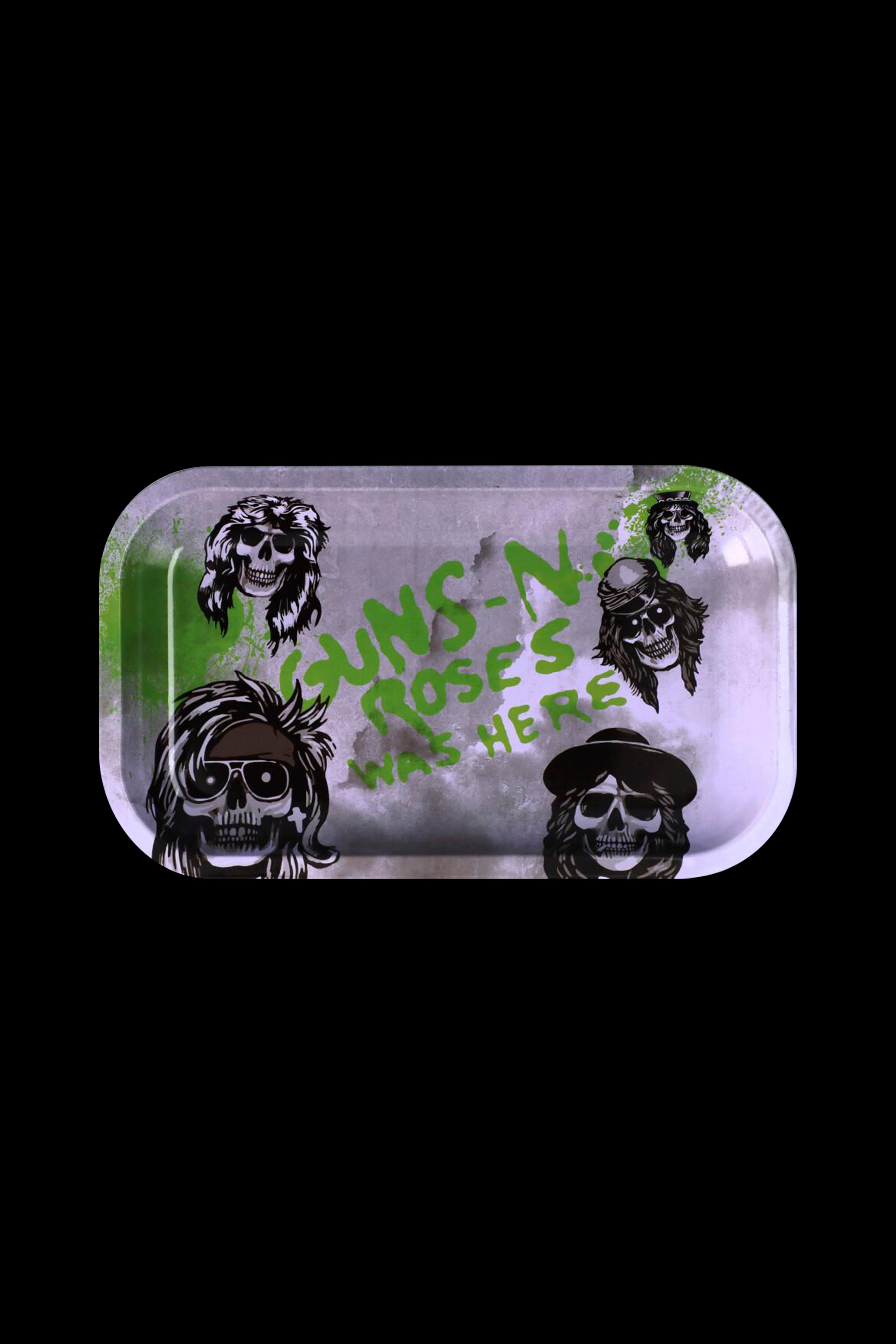A metallic rolling tray with a green marbled finish, featuring four skull designs inspired by the band Guns N' Roses, and text reading "Guns N' Roses Was Here."