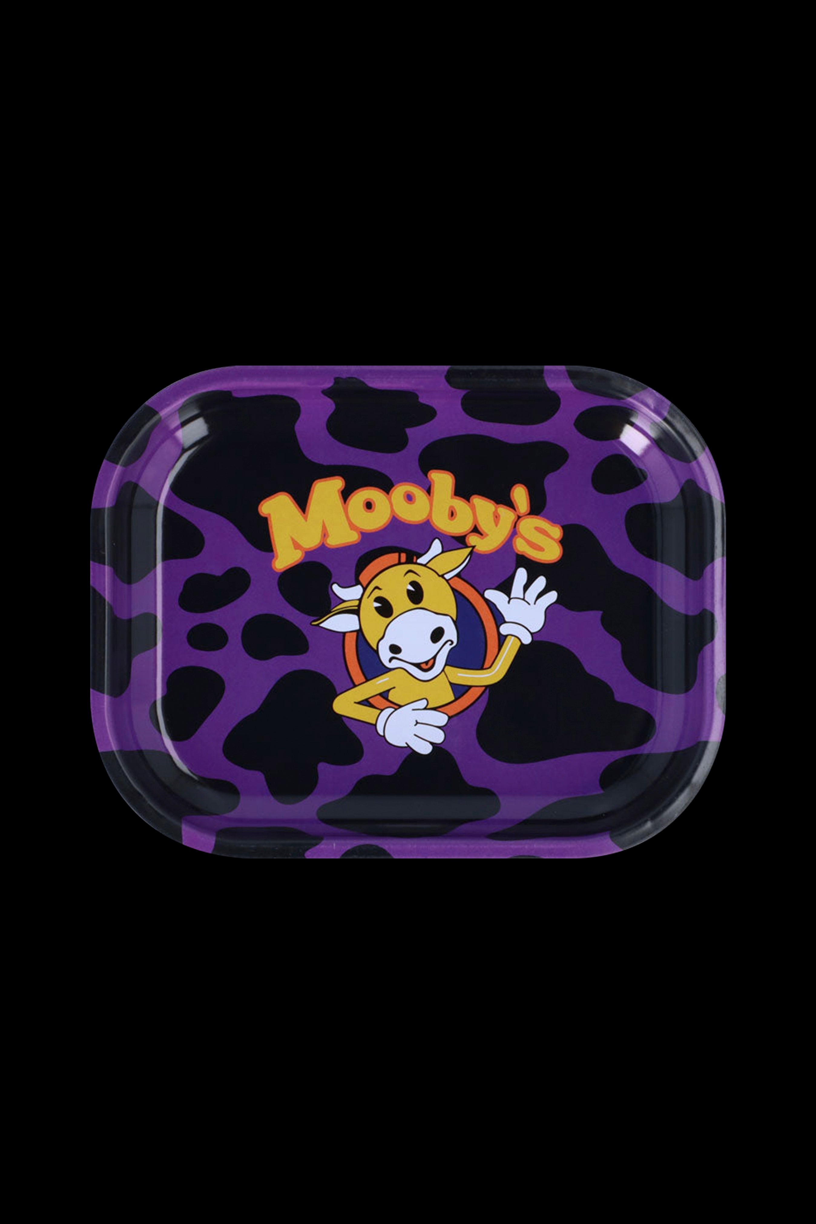 Purple patterned rolling tray with a cartoon cow logo reading "Mooby's".