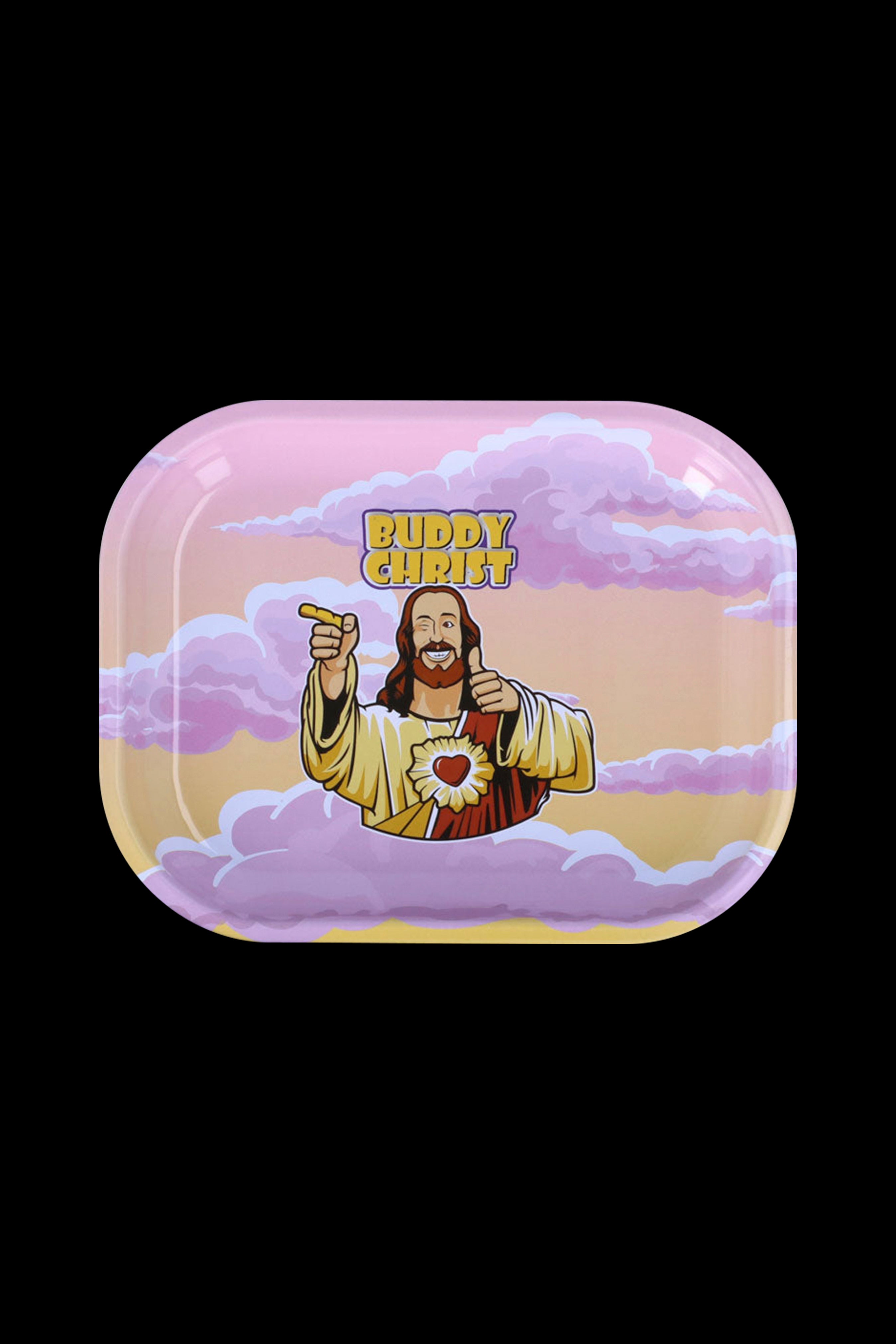 Rolling tray featuring a cartoon depiction of Jesus with the text "Buddy Christ" against a cloudy pink and orange background.