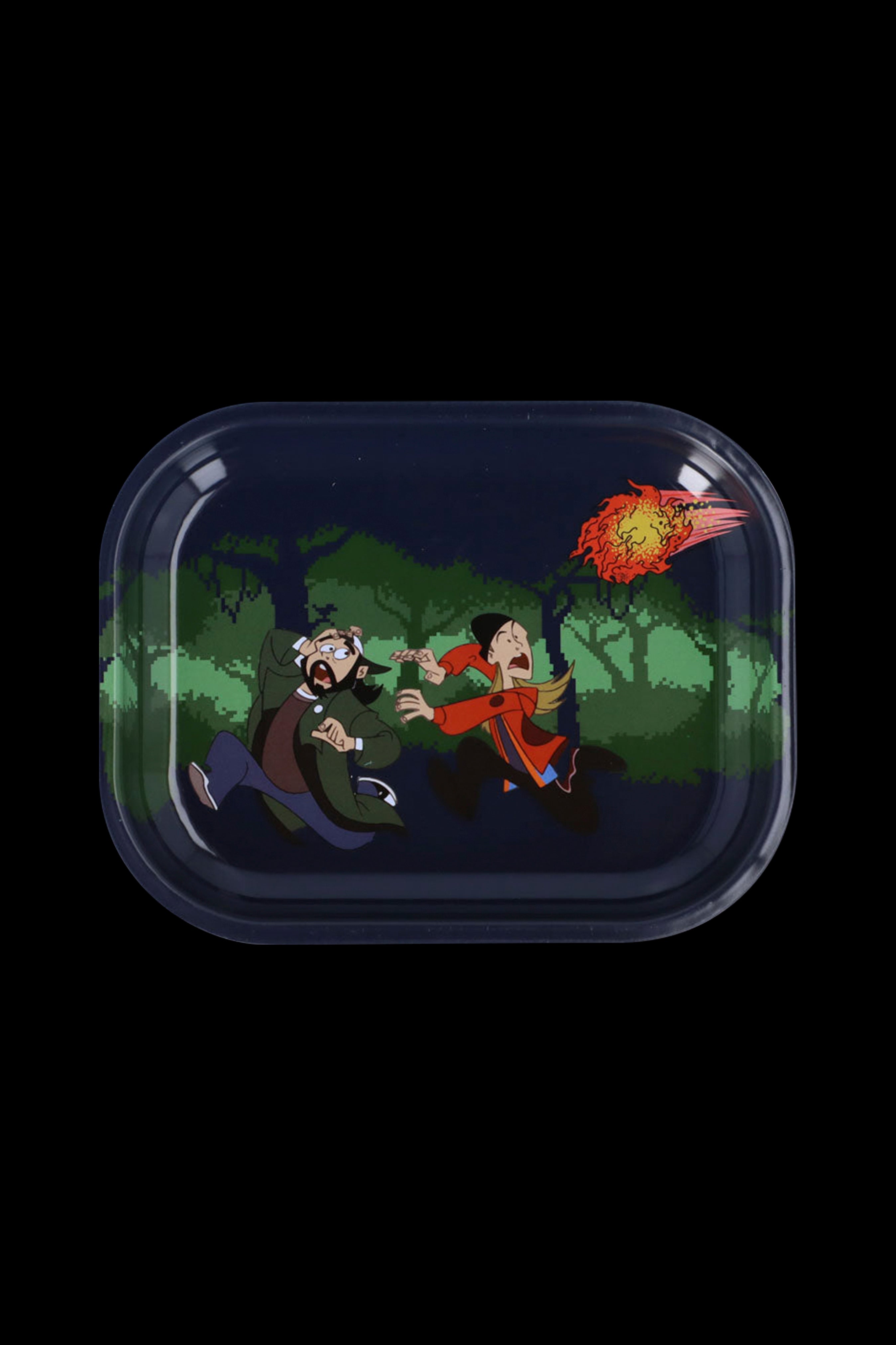 A rectangular acrylic tray featuring a pixelated cartoon scene of two startled men running from an explosion of cannabis buds.