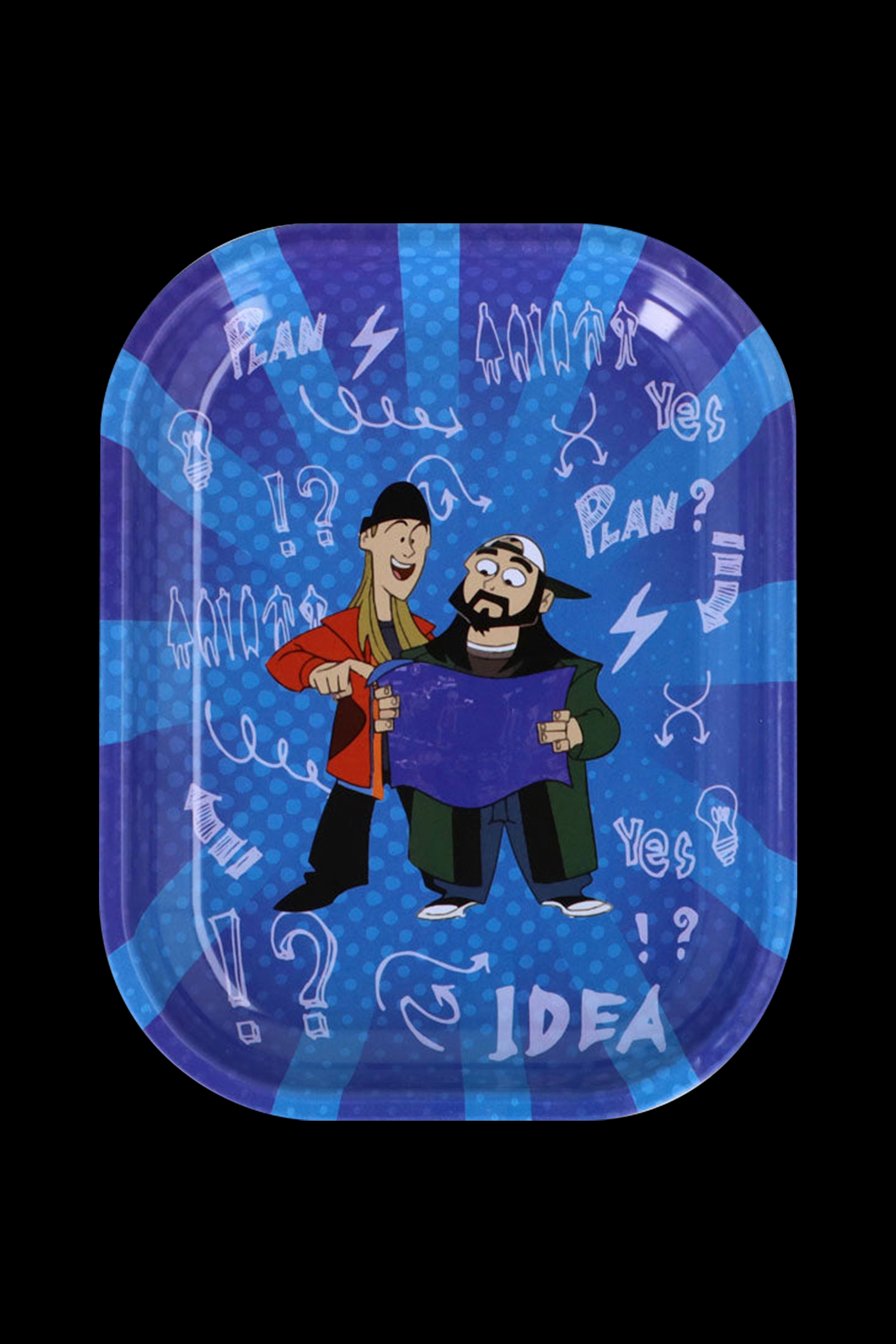 Cartoon rolling tray featuring two animated characters plotting with lightbulbs and question marks surrounding them, with the word “IDEA” at the bottom.