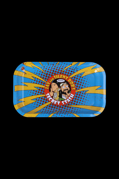 Metal rolling tray featuring Jay and Silent Bob from the movie *Clerks*, with a comic book-style burst design and text reading "Jay and Silent Bob's Secret Stash."