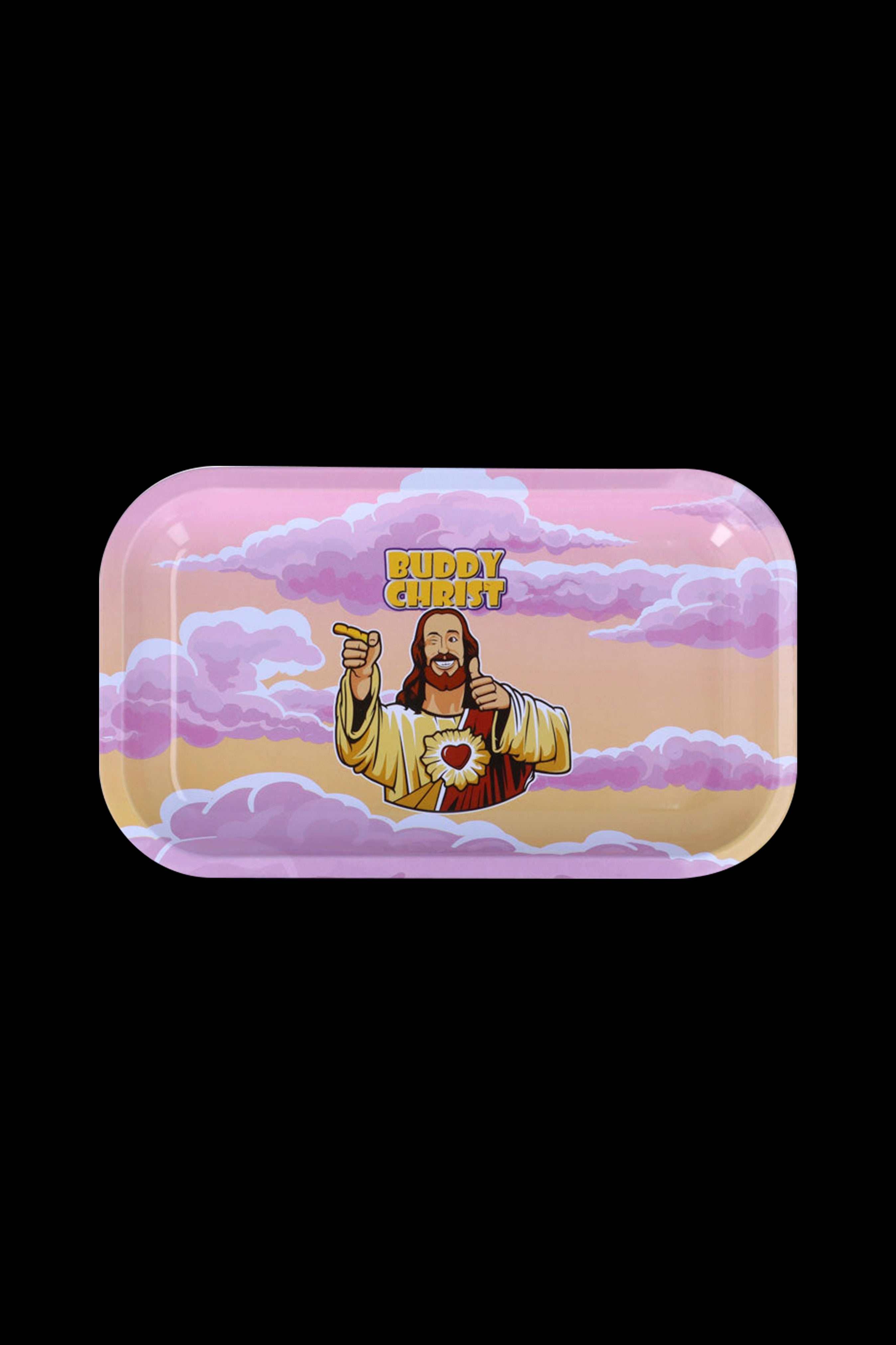 Rolling tray featuring a cartoon depiction of Jesus with the text "Buddy Christ" against a cloudy pink background.