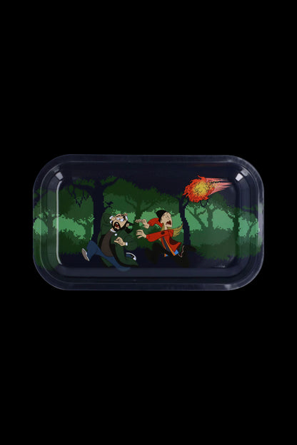 Rolling tray depicting a pixelated forest scene with cartoon characters fleeing a falling object.