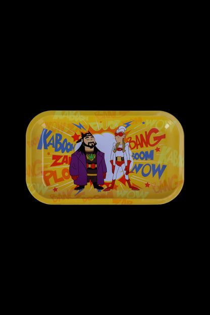 Cartoon rolling tray featuring characters and comic book-style “BOOM!” and “KABOOM!” text.