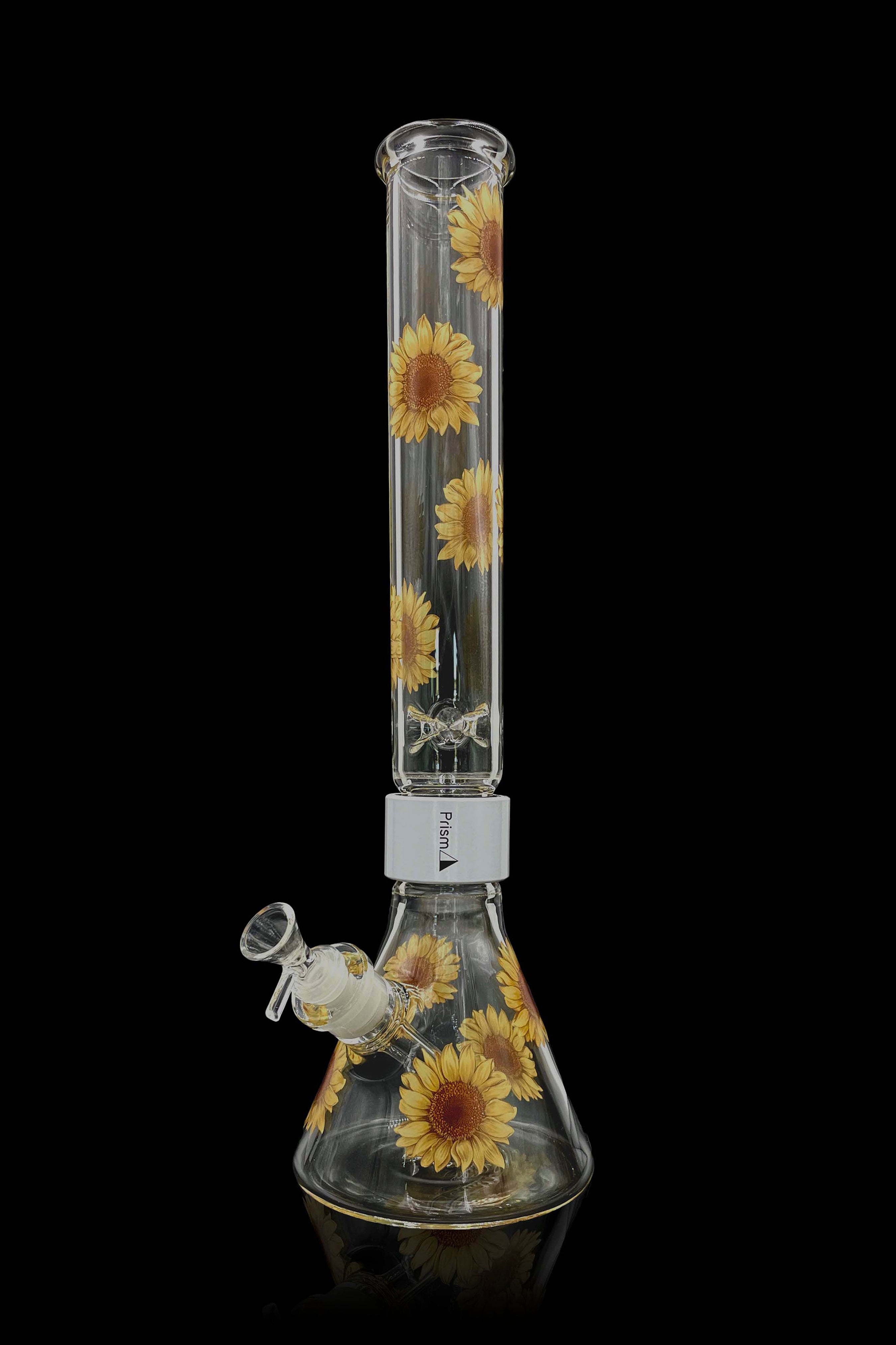 Glass bong with sunflower design against a black background.