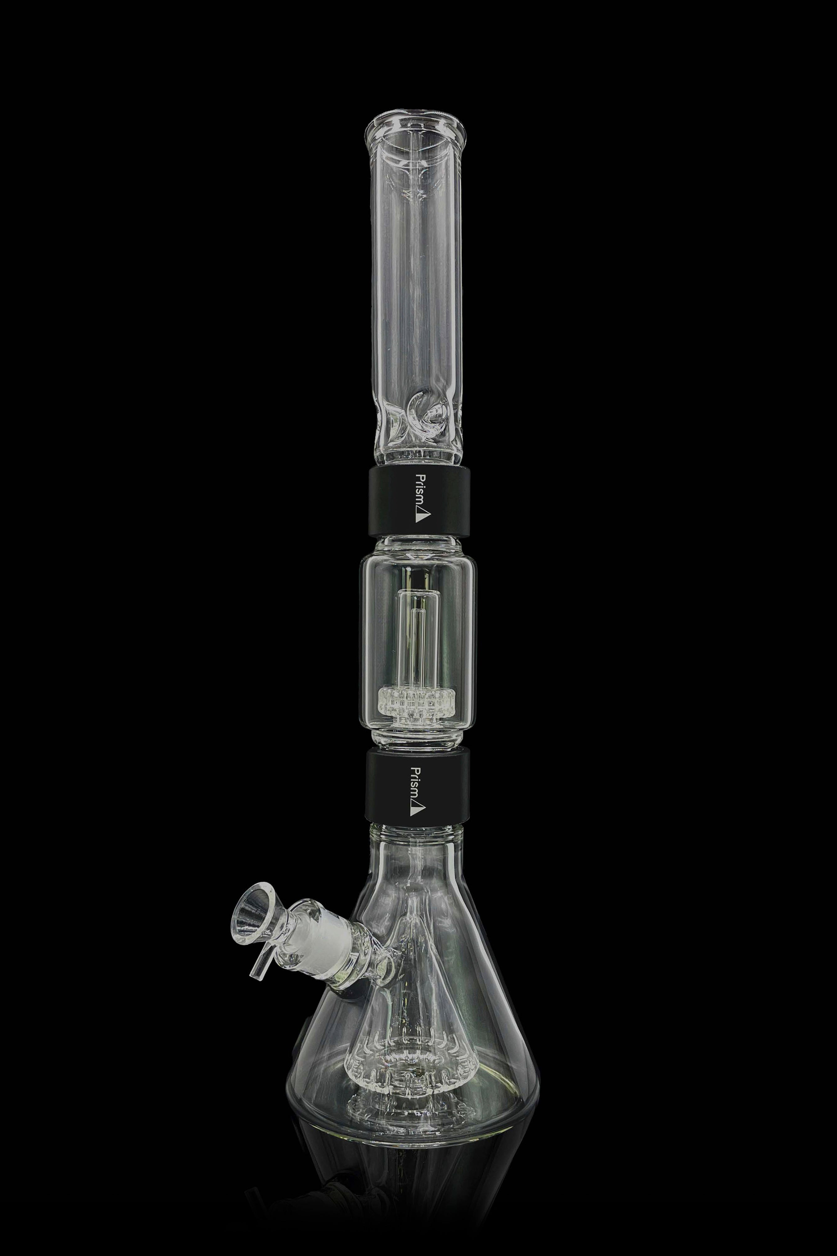 Glass water pipe (bong) with dual percolators, against a black background.
