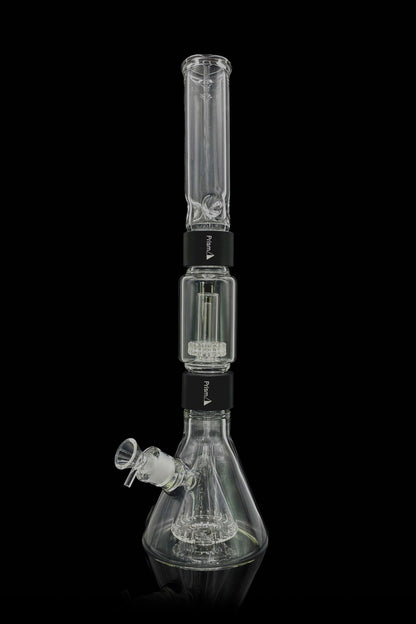 Glass water pipe (bong) with dual percolators, against a black background.