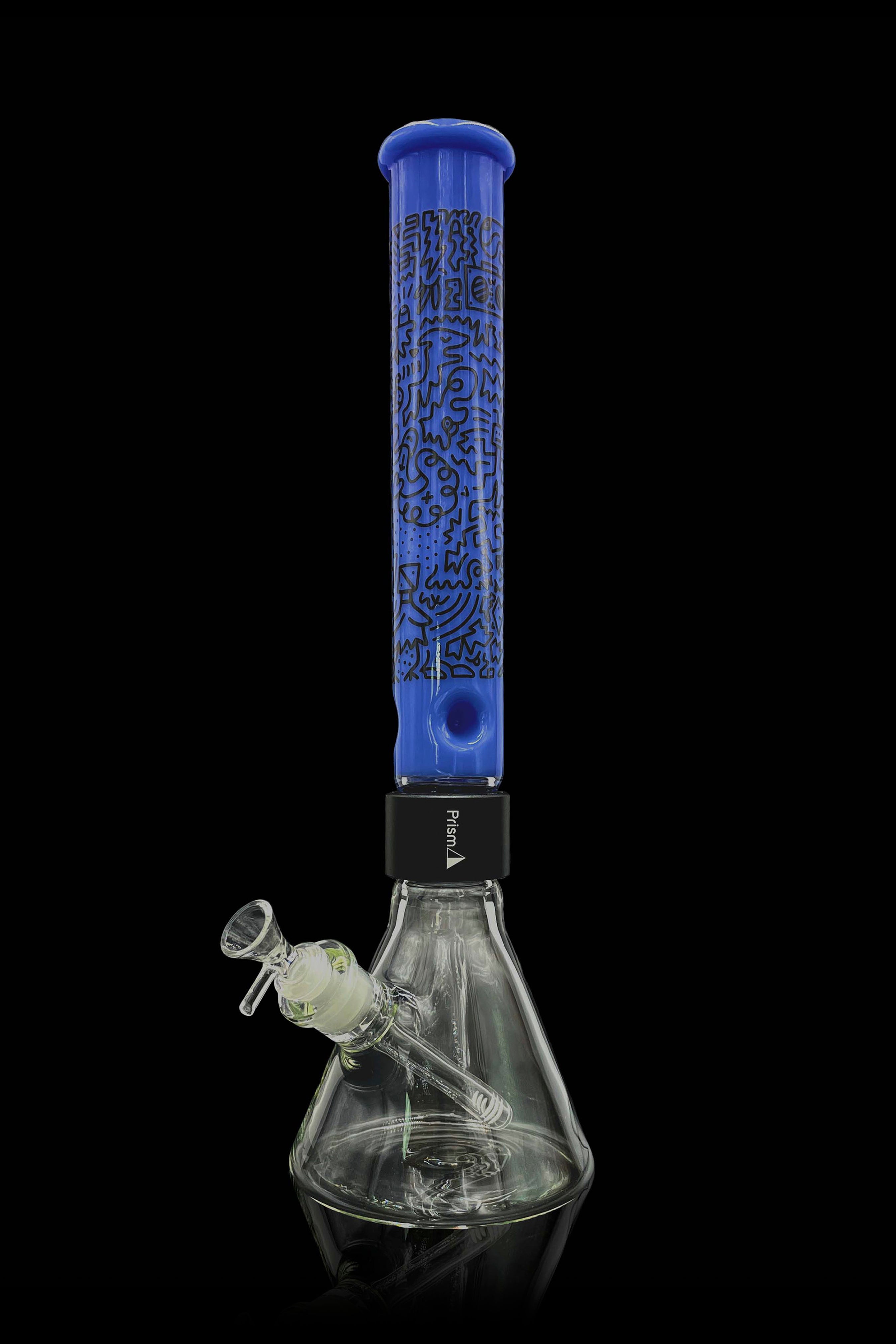 Blue glass bong with intricate black designs and a clear base, filled with water.