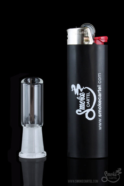 Angled Cut Vapor Dome displayed in a side view next to a lighter, showcasing its clear glass construction.