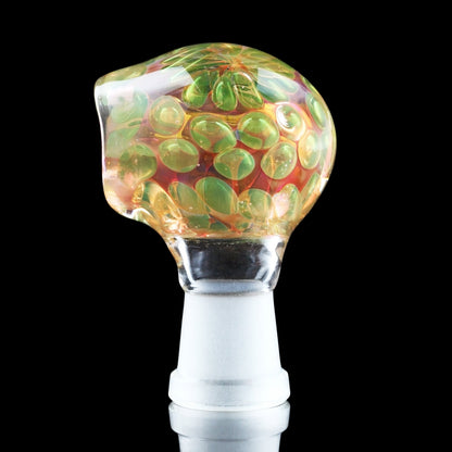 Hand-blown glass cannabis carb cap with green and orange bubble design.