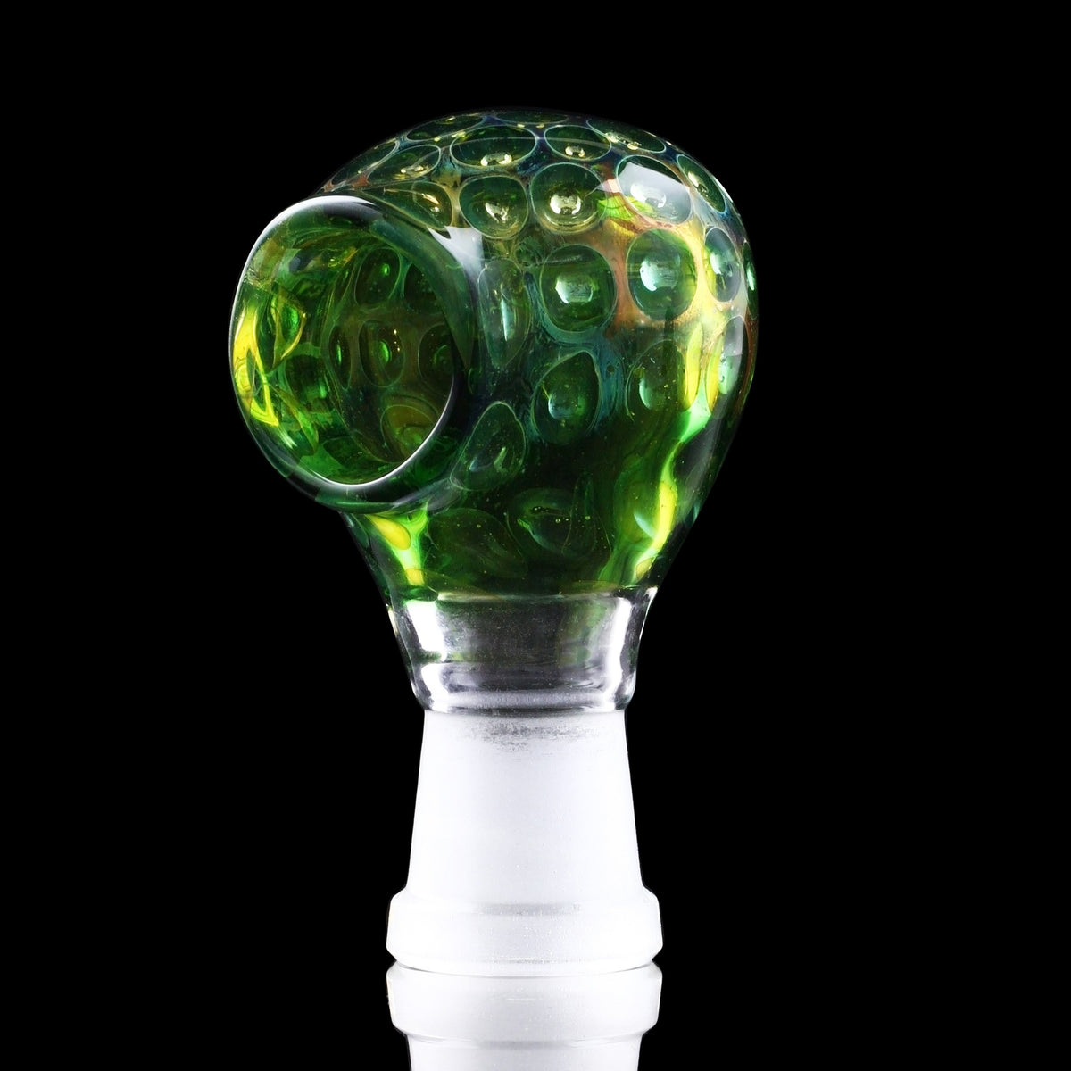 Green glass cannabis water pipe with intricate bubble detailing.