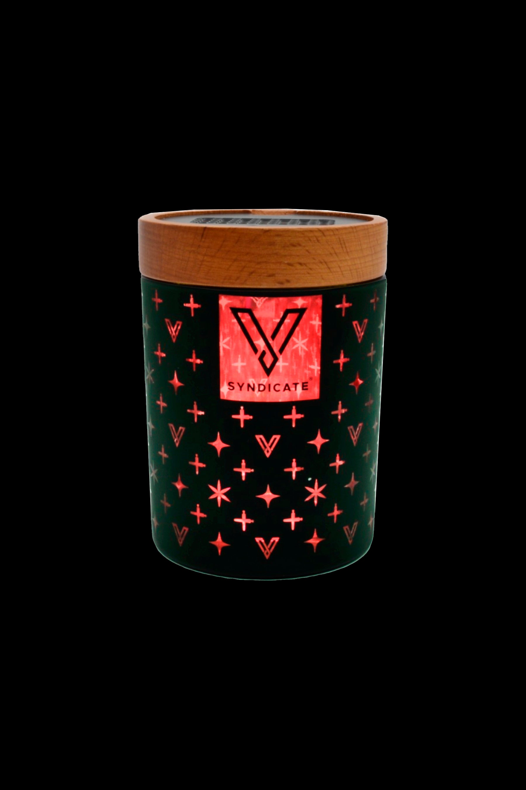 A cylindrical cannabis storage jar with a green and red patterned label featuring the “Syndicate” logo.