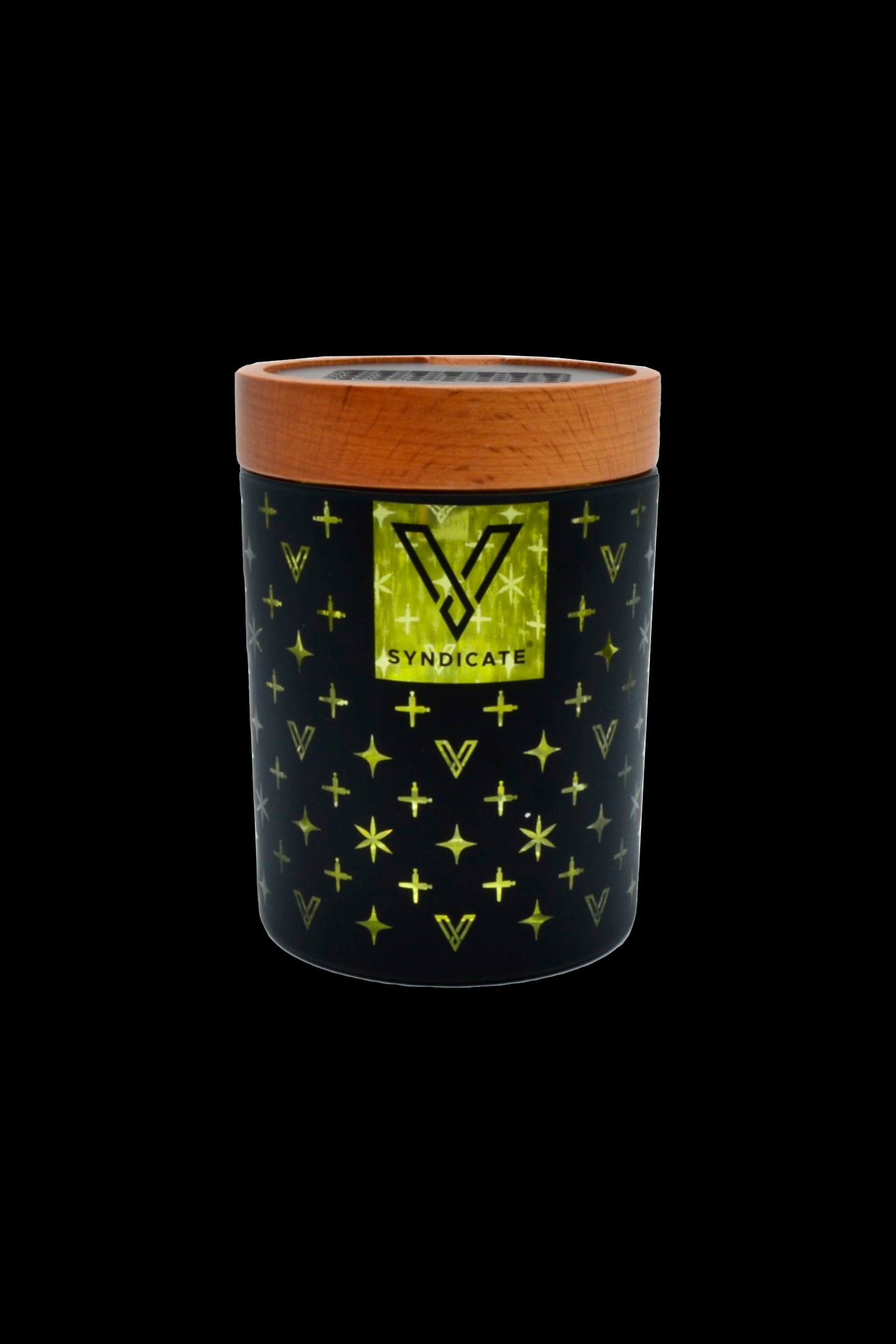 Black and gold cannabis storage container with “Syndicate” logo and starburst pattern.