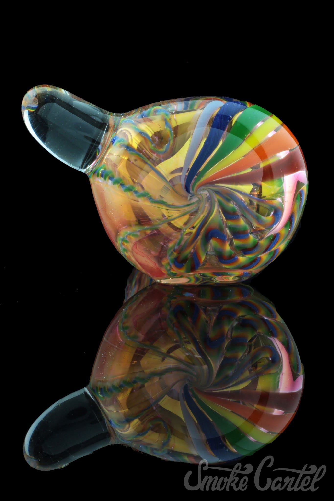 A vibrant side view of the Heavy Cane Worked Rainbow Spoon - Rainbow Mega Pipe, showcasing colorful swirls within the glass.