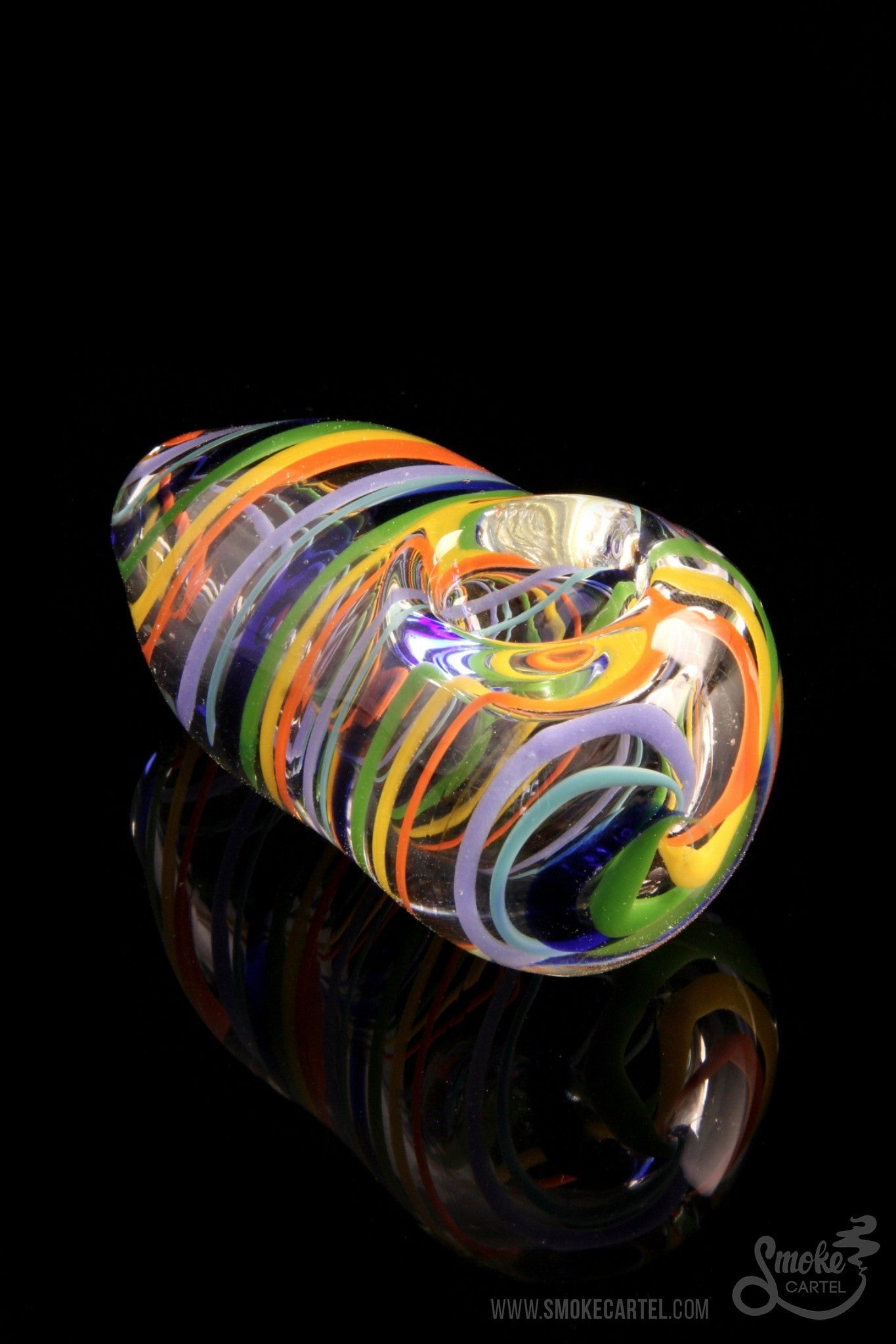 A detailed close-up of the LA Pipes Rainbow Strings Spoon, displaying colorful swirling glass patterns in a side view.