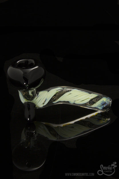 A close-up, angled view of the LA Pipes Mini Sherlock with Slyme Cane and Dichro, showcasing its colorful glasswork.