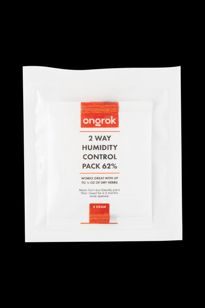 Close-up of a white packet labeled “onorok 2 WAY HUMIDITY CONTROL PACK 62%” for preserving herbs.