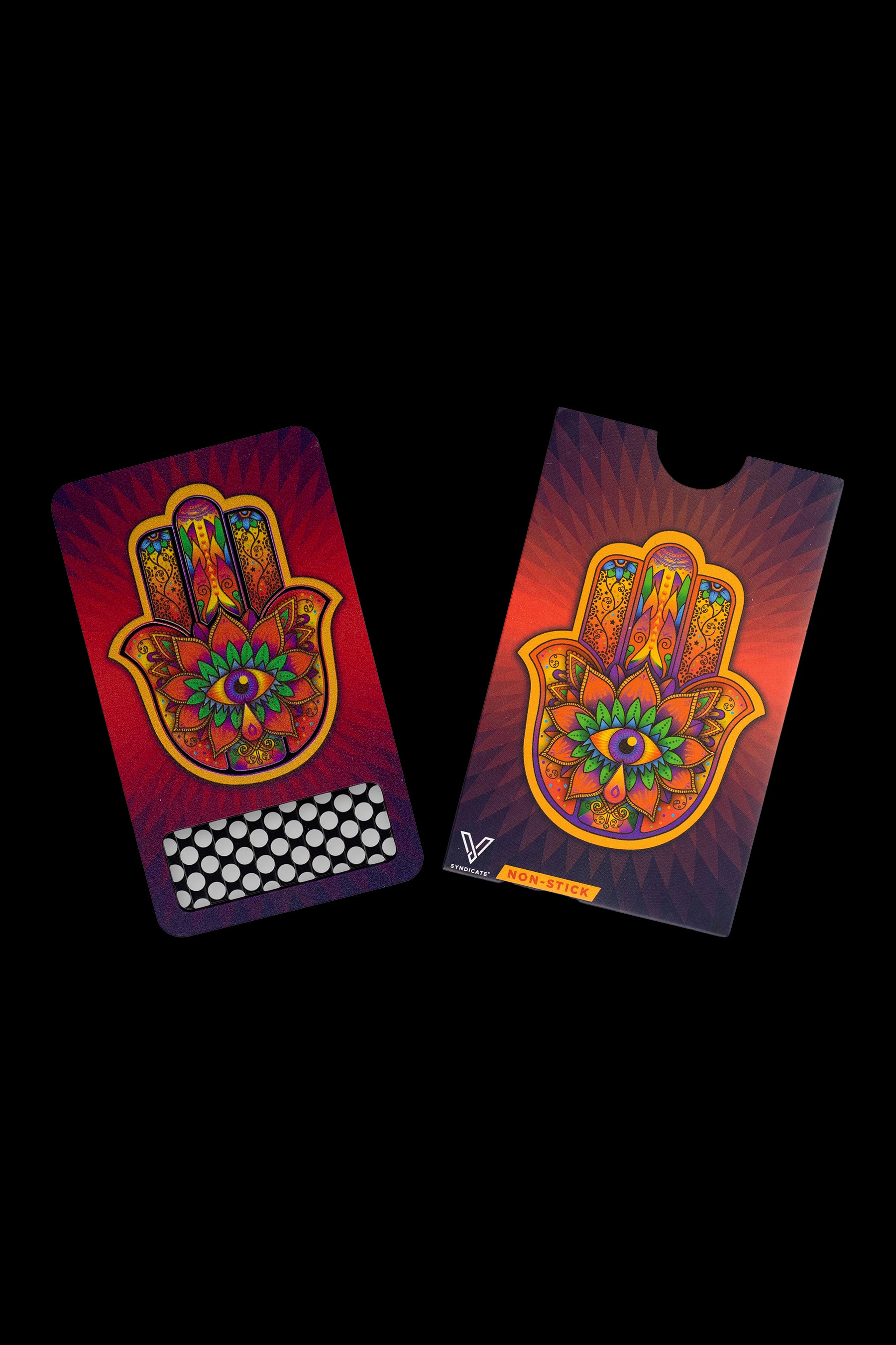 Two patterned, non-stick silicone mats with a hand of protection (hamsa) design, intended for use with cannabis concentrates and tools.