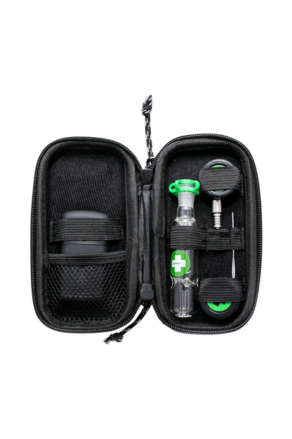 Open view of The Happy Dab Kit displaying the included accessories neatly arranged inside a zippered black case.