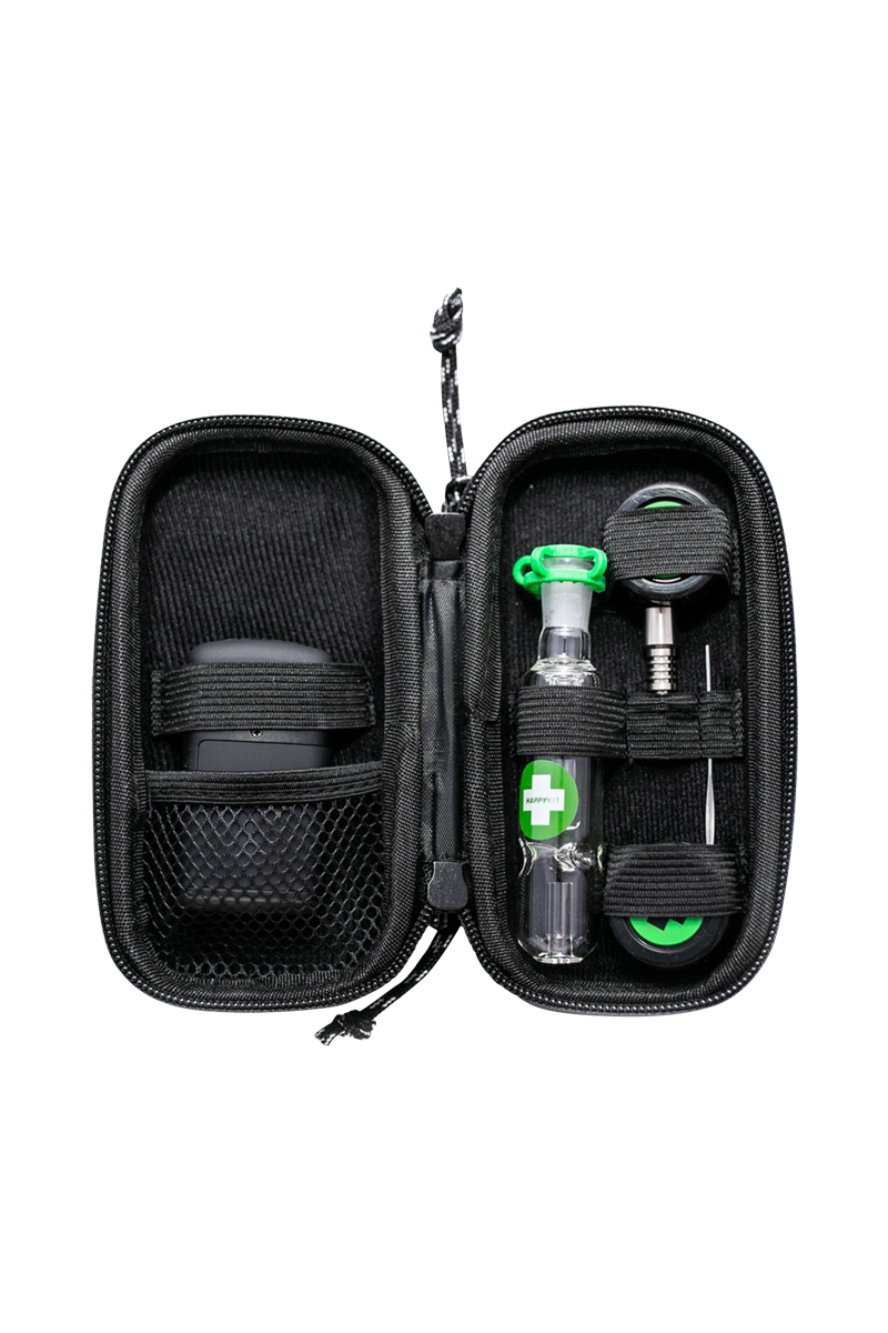 Open view of The Happy Dab Kit displaying the included accessories neatly arranged inside a zippered black case.