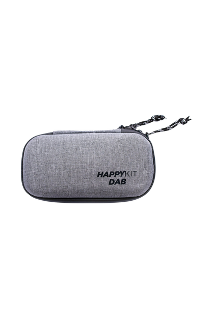 Front view of The Happy Dab Kit, a zippered carrying case with a textured grey finish.