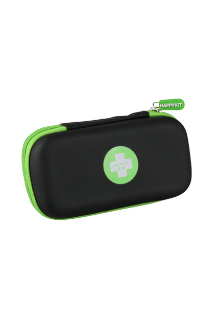 Front view of The Happy Dab Kit, a zippered, black travel case resting on a plain white background.