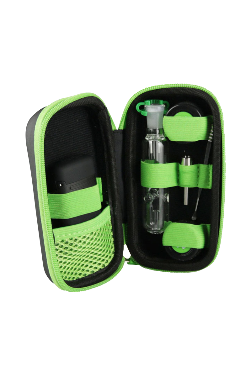 Open view of The Happy Dab Kit, showcasing a clear glass dab rig and tools neatly arranged inside a black carrying case.