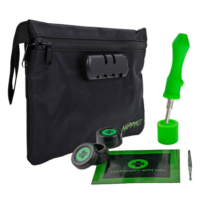 Black odor-proof bag with a combination lock, alongside a grinder, dab tool, and packaging for cannabis concentrates.