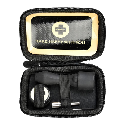 The Happy Dab Kit Mini is pictured open, displaying its black interior and compact carrying case design from a top-down angle.