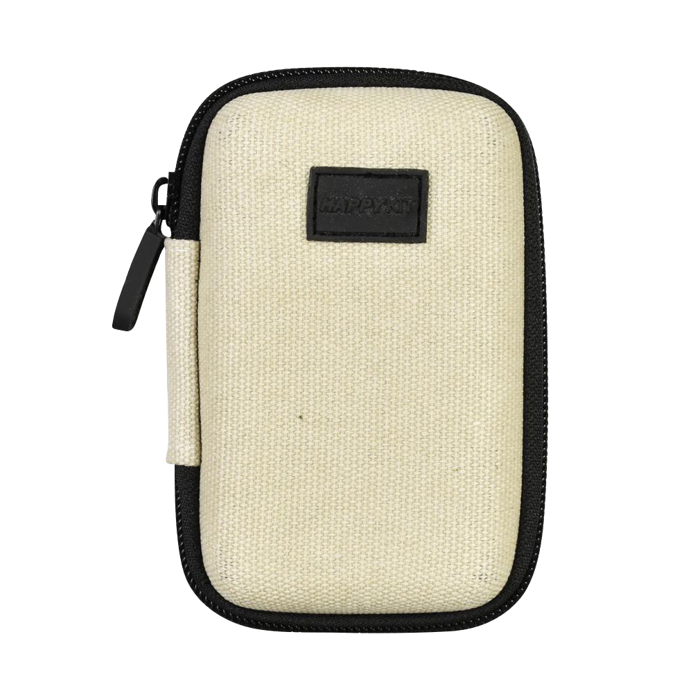 Front view of The Happy Dab Kit Mini, a zippered black pouch with a pull tab, displayed against a plain white background.