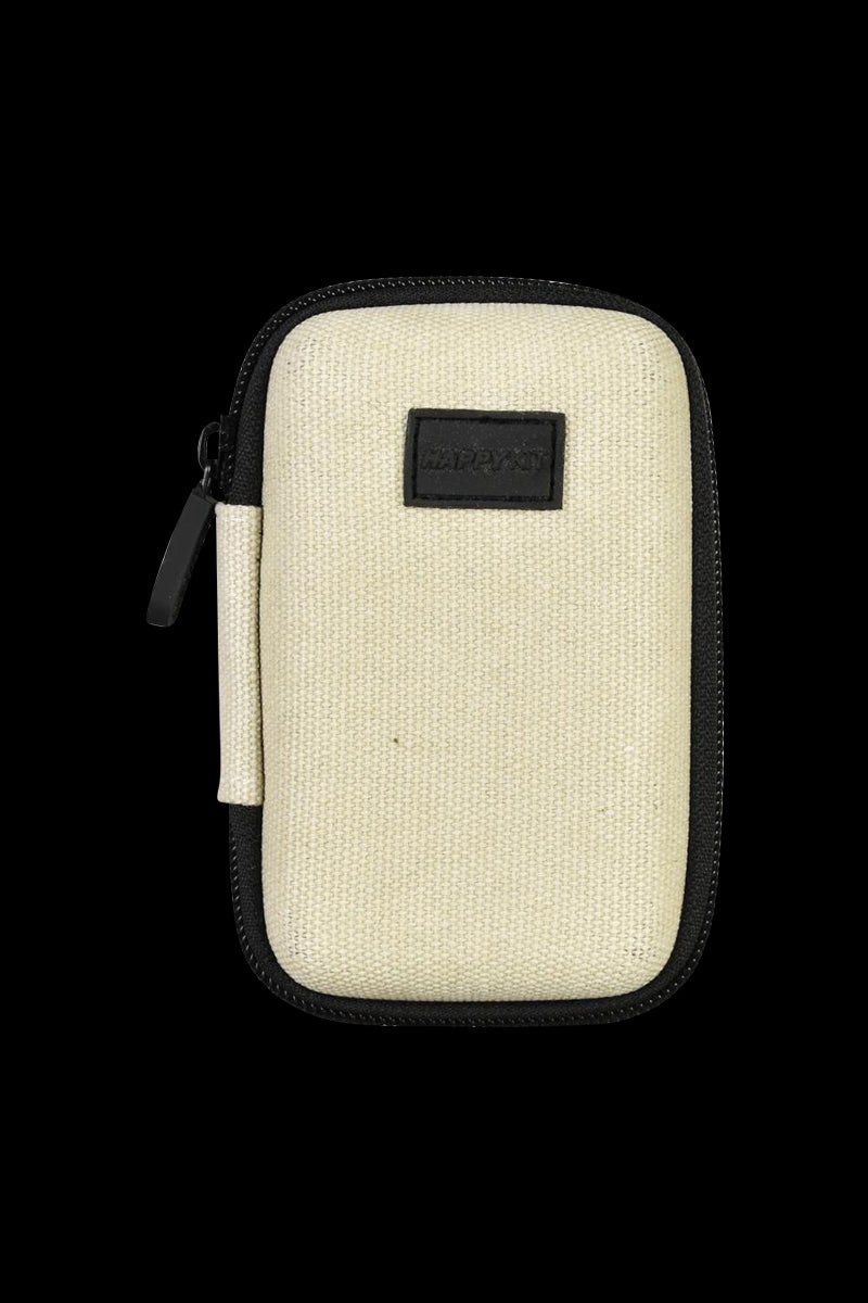 Front view of The Happy Dab Kit Mini, a compact, zippered pouch in a neutral tone with a dark accent pull.