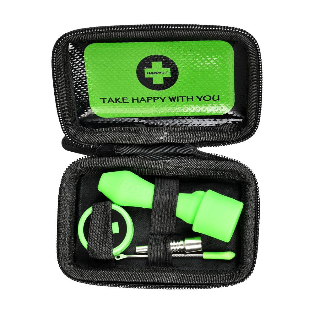 The Happy Dab Kit Mini is displayed open, revealing its contents against a black interior, viewed from above.