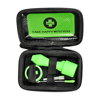 The Happy Dab Kit Mini is displayed open, revealing its contents against a black interior, viewed from above.