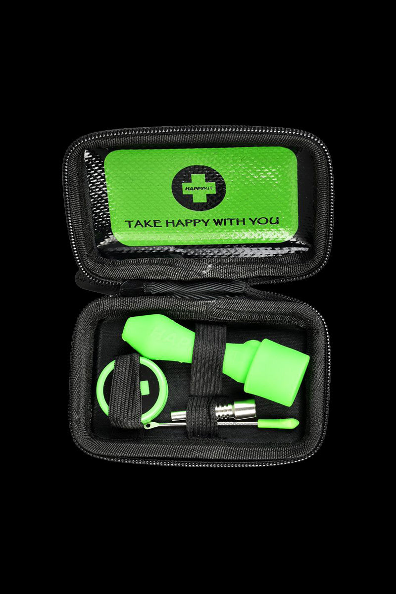 The Happy Dab Kit Mini is displayed open, revealing its components against a black, zippered case.