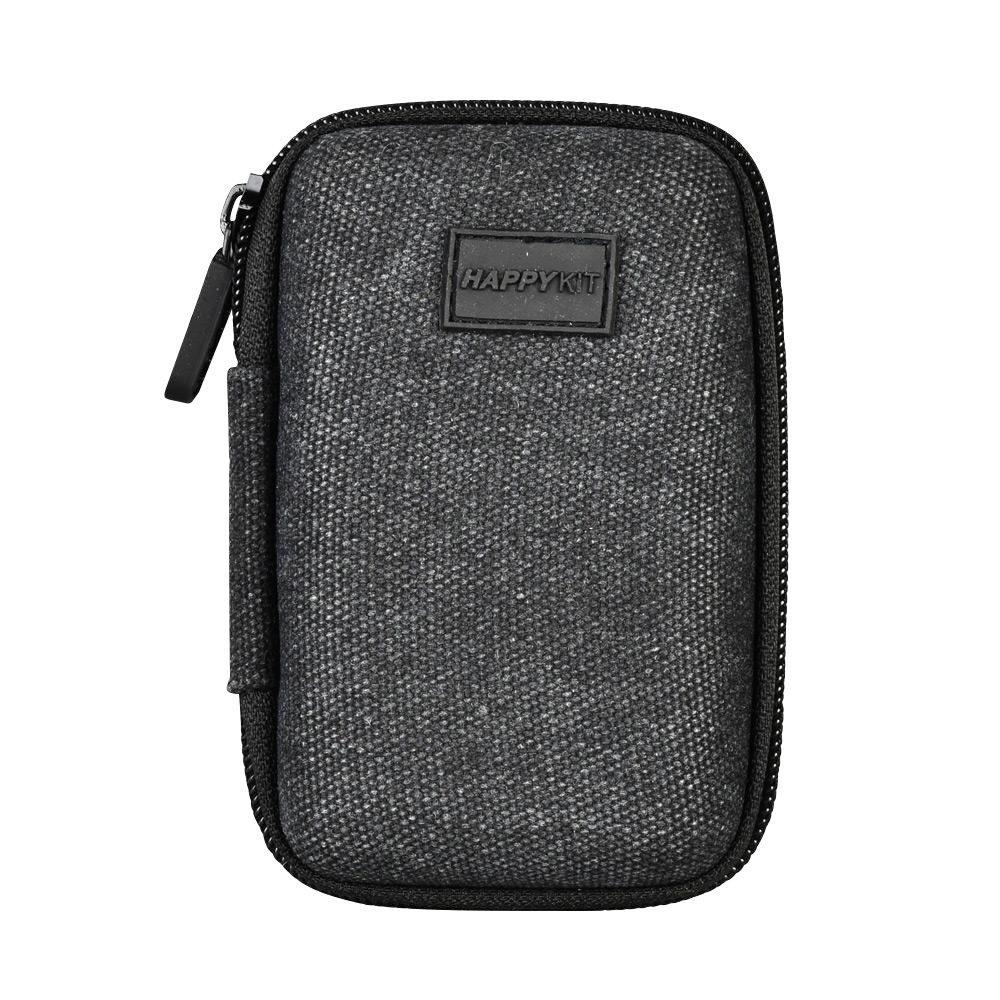 Front view of The Happy Dab Kit Mini, a black zippered pouch with a textured surface and silver pull tab.