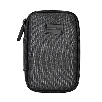 Front view of The Happy Dab Kit Mini, a black zippered pouch with a textured surface and silver pull tab.