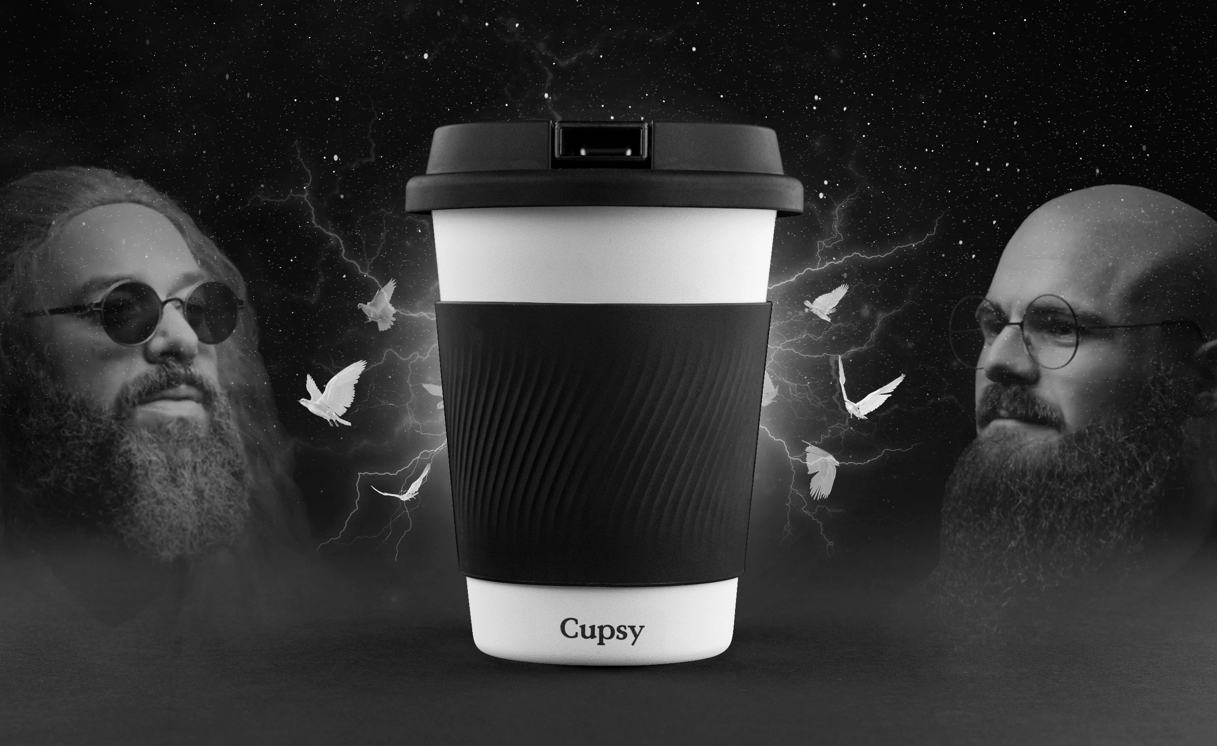 Front view of the Puffco Cupsy Coffee Bong, resembling a white travel mug with a black lid, against a dark, textured backdrop.
