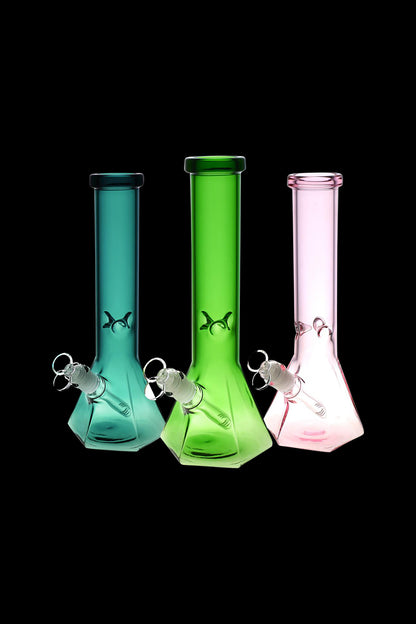 Front view of the Hextasy Hexagonal Beaker Water Pipe, showcasing its hexagonal shape and clear glass construction against a black background.